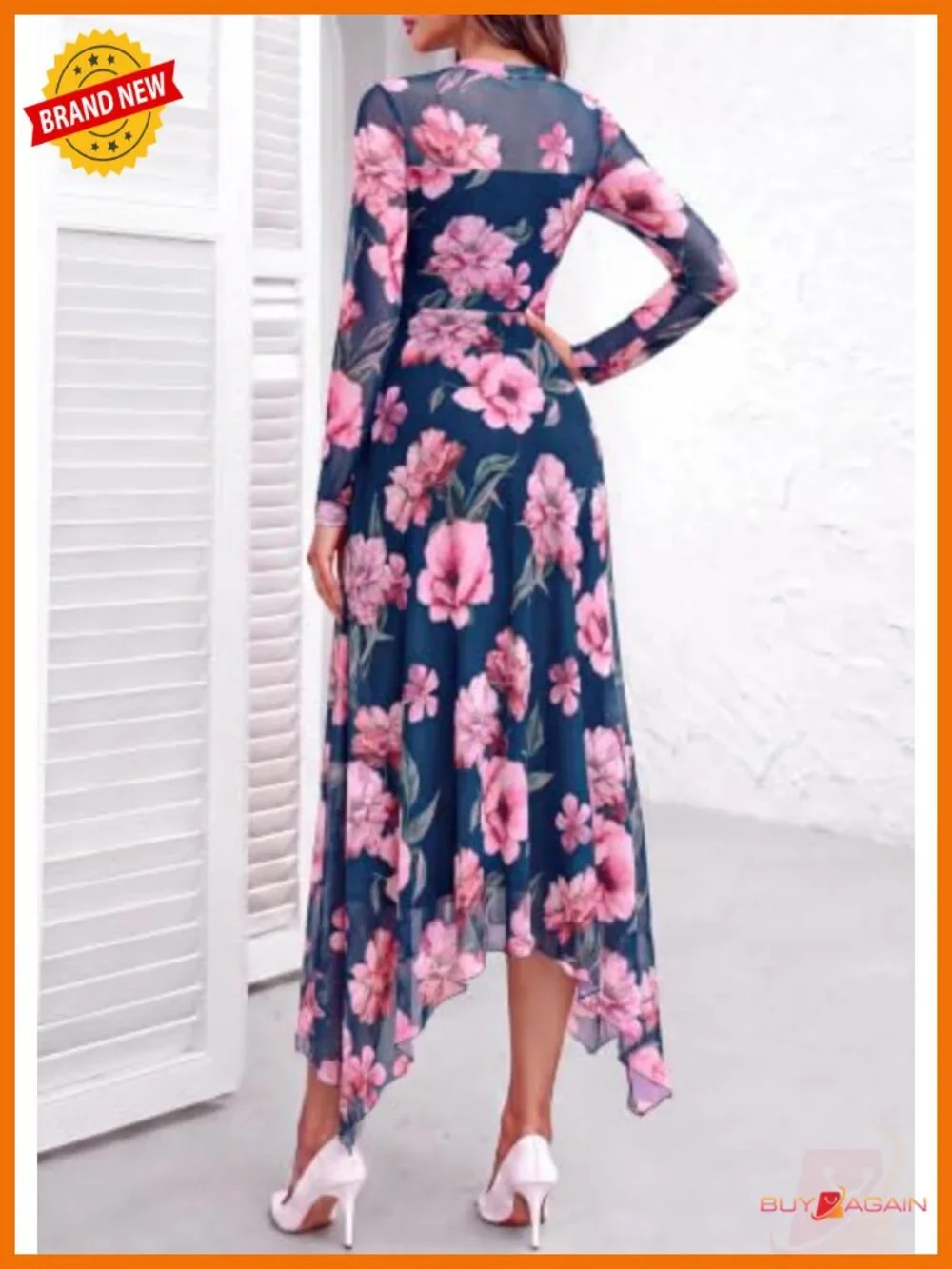 Women's Floral Mesh Midi Dress Long Sleeve Mock Neck Fit & Flare